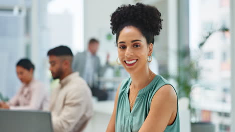 face, black woman or manager in office building