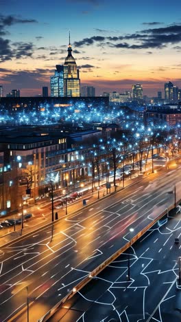 city skyline at dusk with illuminated streets and digital overlays