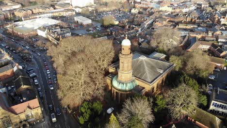 drone shot of the church of mary the virgin in banbury oxfordshire, uk