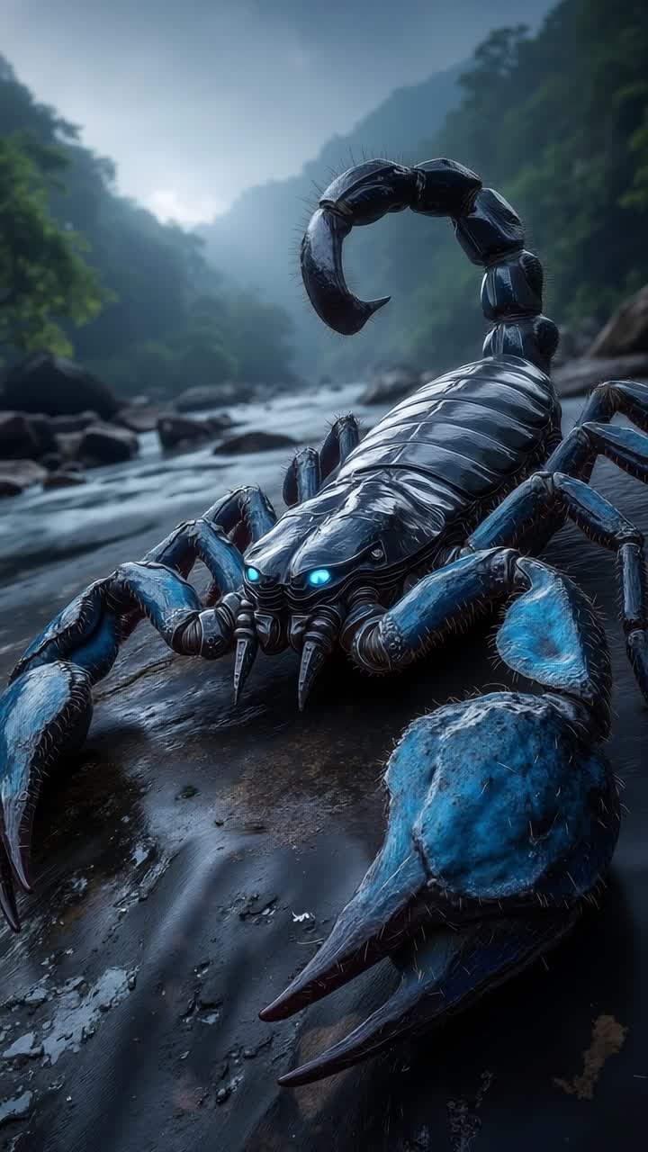 Een blauwe schorpioen die bovenop een rots zit naast een rivier