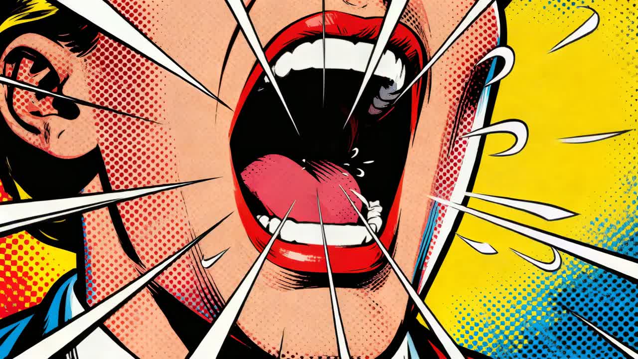 Opening popart woman widening mouth across panels showing motion, tongue, teeth, red lips, collar