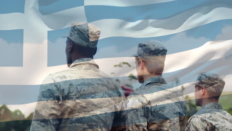 digital composition of waving greece flag against rear view of soldiers saluting at training camp