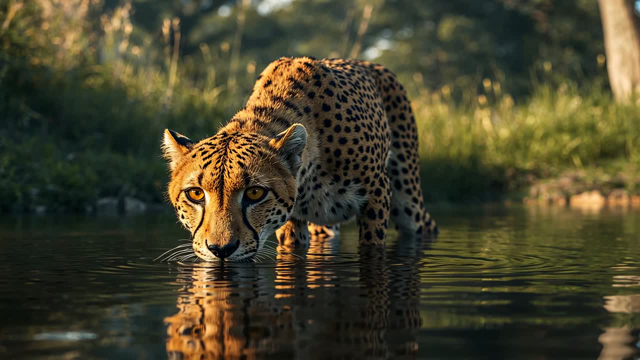 Thirst driving cheetah drinking at watering hole in savannah, causing ripples and stepping forward