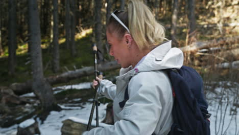 adult caucasian woman adjusting her walking sticks for a hike in the forest.
