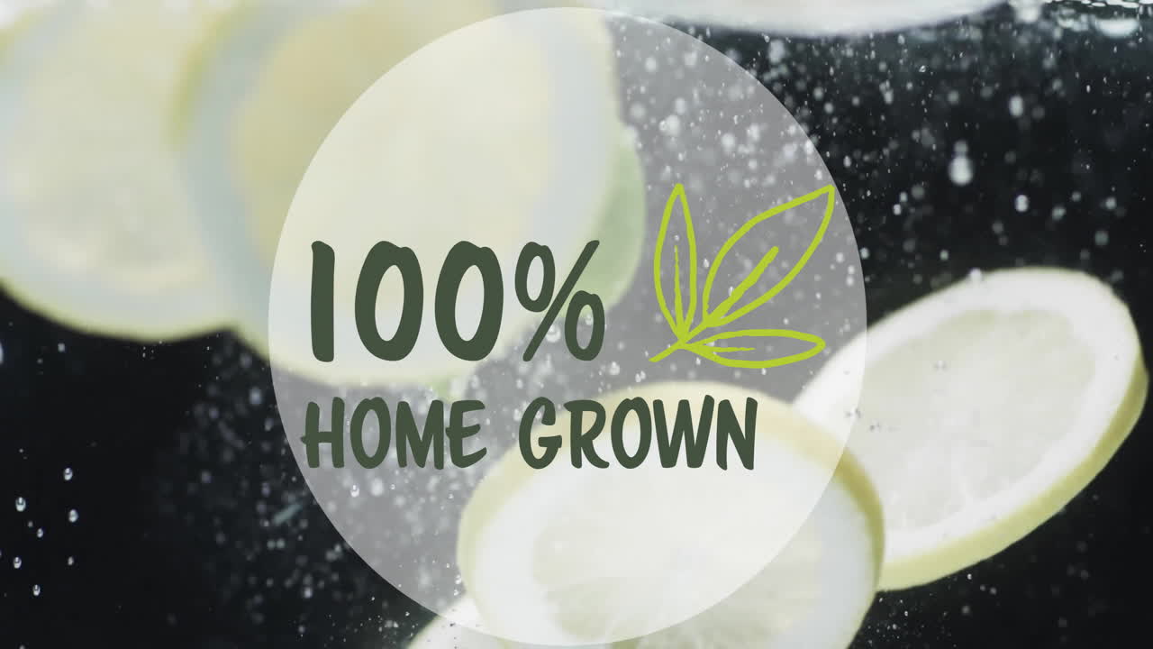 100% 가정에서 재배 된 텍스트의 애니메이션 과일이 물 배경에 떨어집니다.