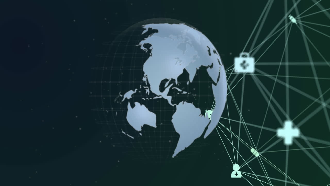 Animation of media icons and globe on black background