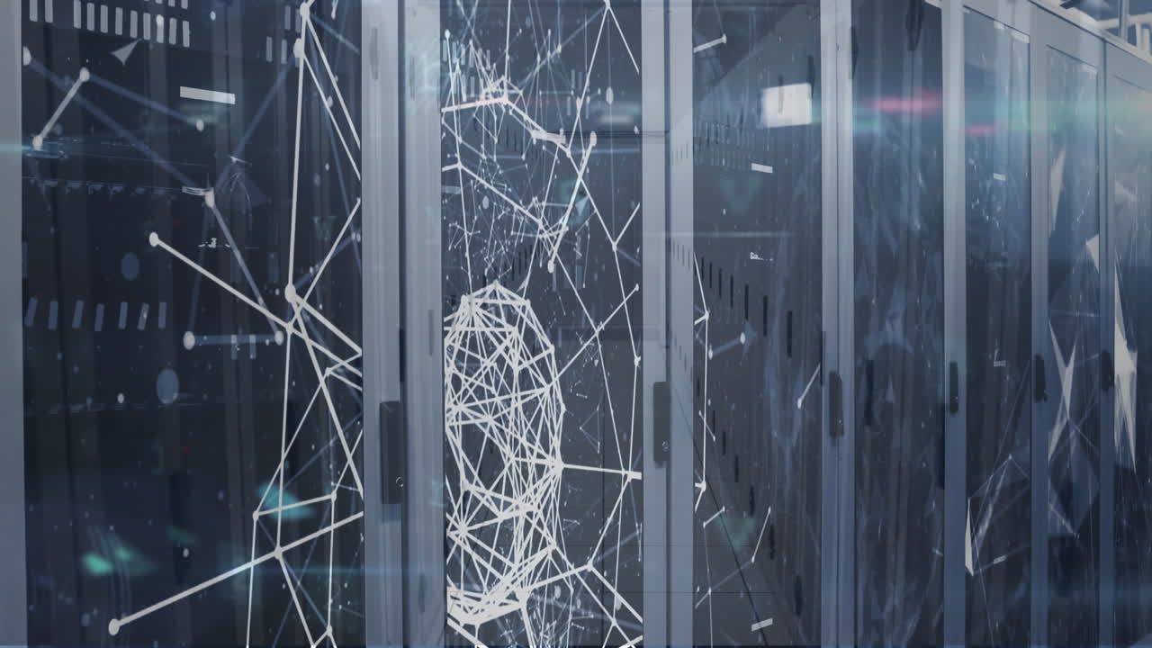 animación del procesamiento de datos de seguridad cibernética y redes plexus contra la sala de servidores informáticos