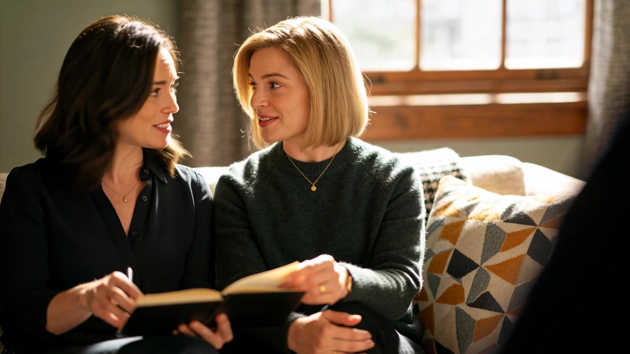 Due donne, una con un maglione verde, che tengono un libro aperto, sfogliano le pagine e ricordano sul divano.