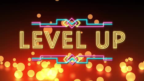 animation of level up text over neon pattern background