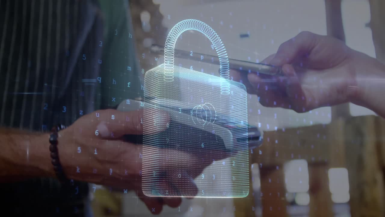 animación del candado de seguridad de la red sobre las personas que utilizan el terminal de pago