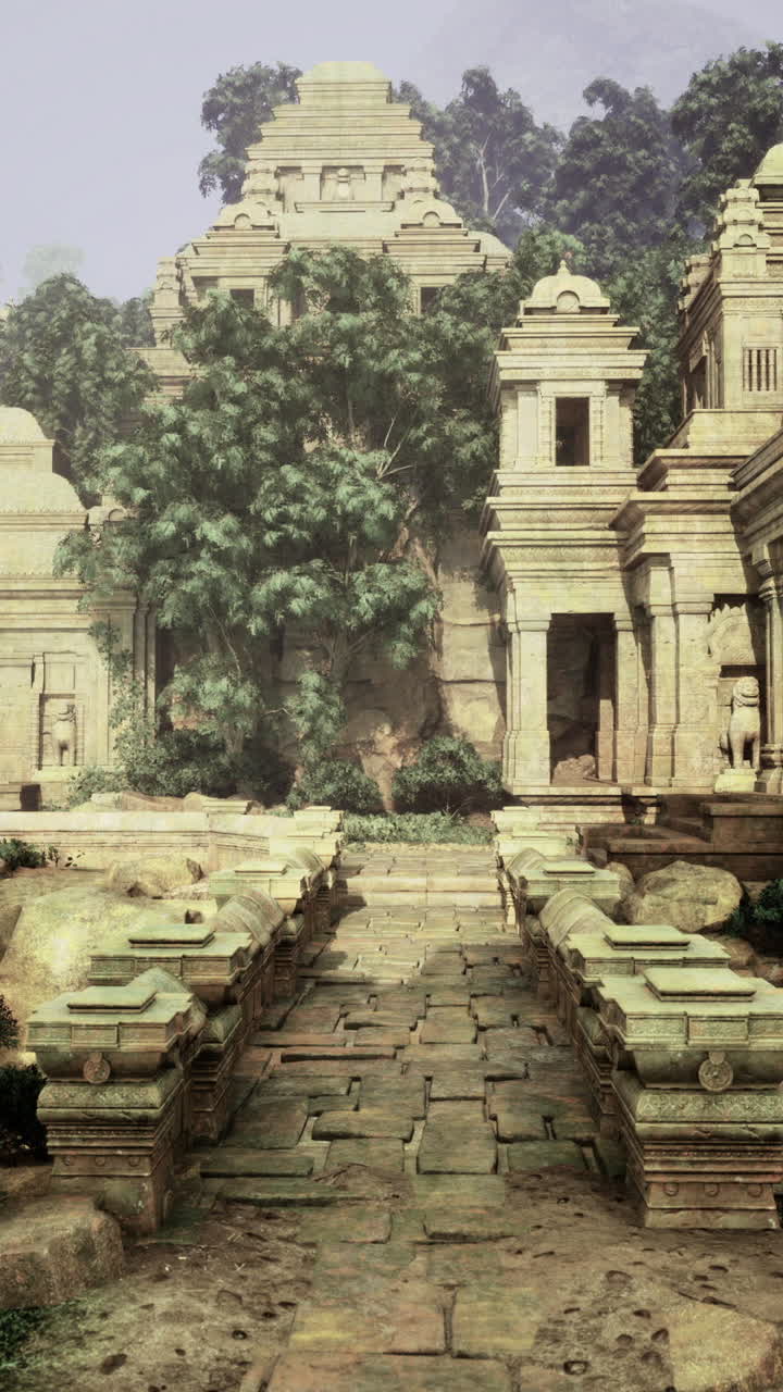 Ruins of an ancient temple complex nestled in a dense forest setting