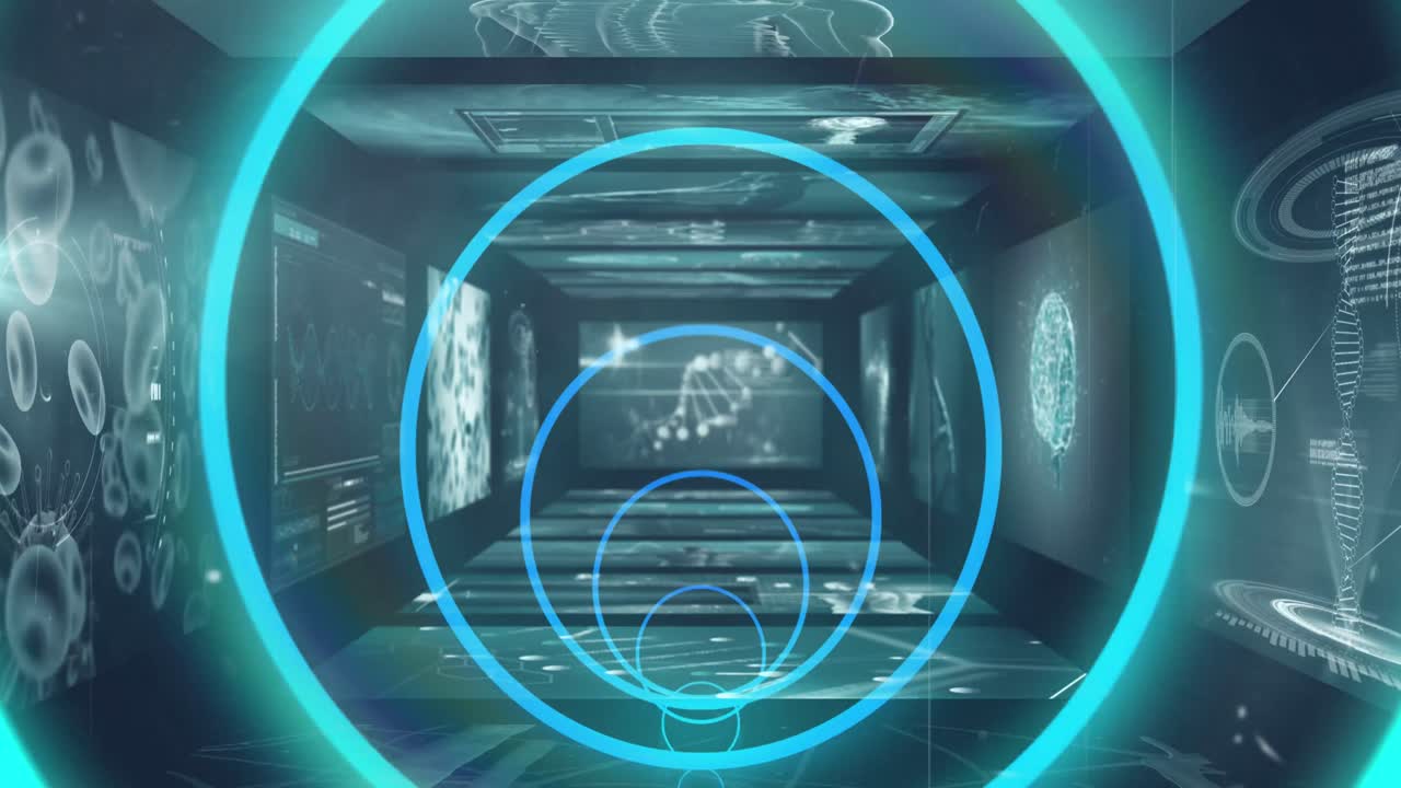 스크린에서 데이터 처리를 통해 파란 네온 기하학적 모양의 애니메이션