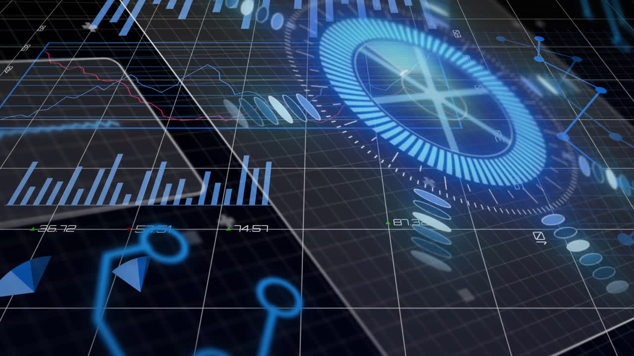 Sliding panel starting holographic interface with rotating gauge, animating bars, pie for insights