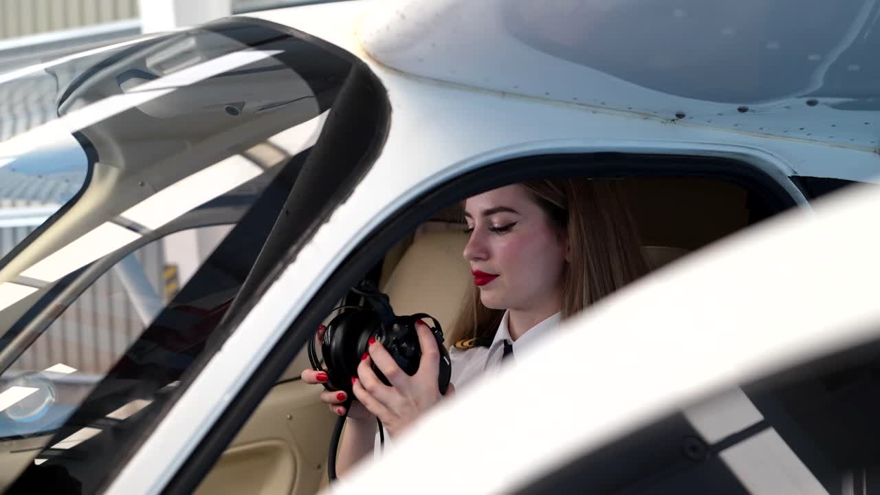 A female pilot in a helicopter cockpit