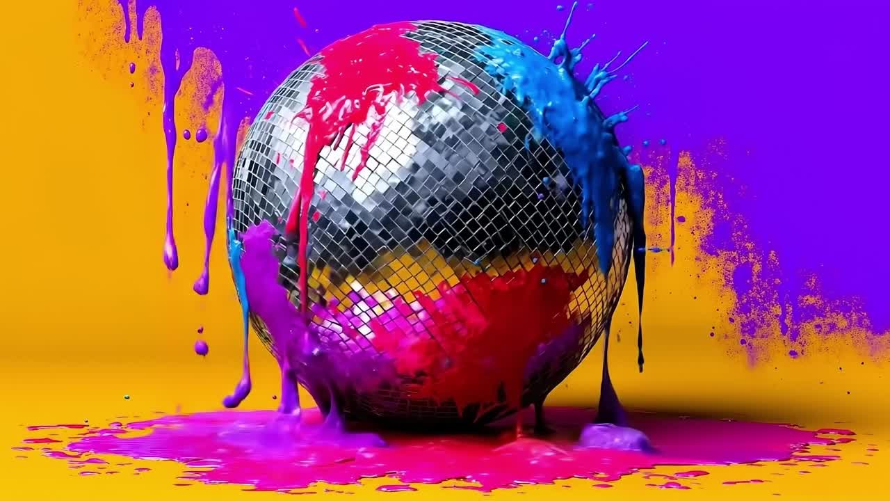 Una palla da discoteca con macchie di vernice su uno sfondo giallo