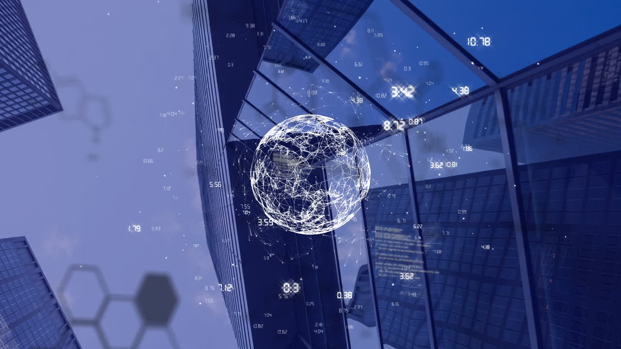 건물 위의 지구로 데이터 처리의 애니메이션