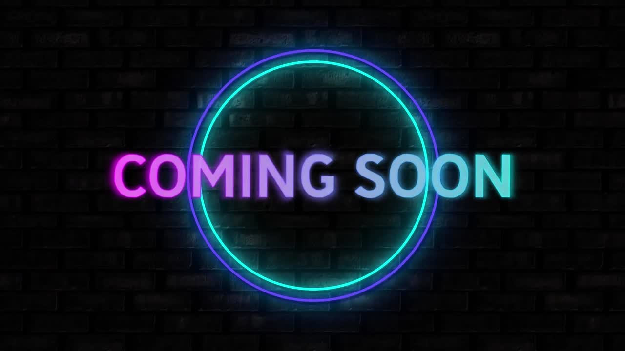 Animation of coming soon text over neon circles on black background