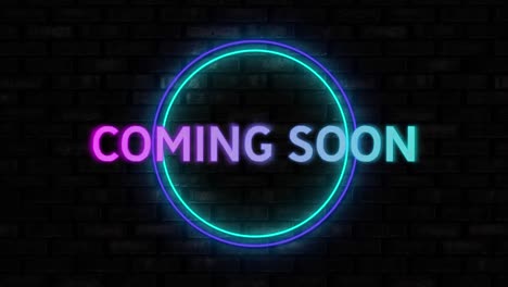 animation of coming soon text over neon circles on black background