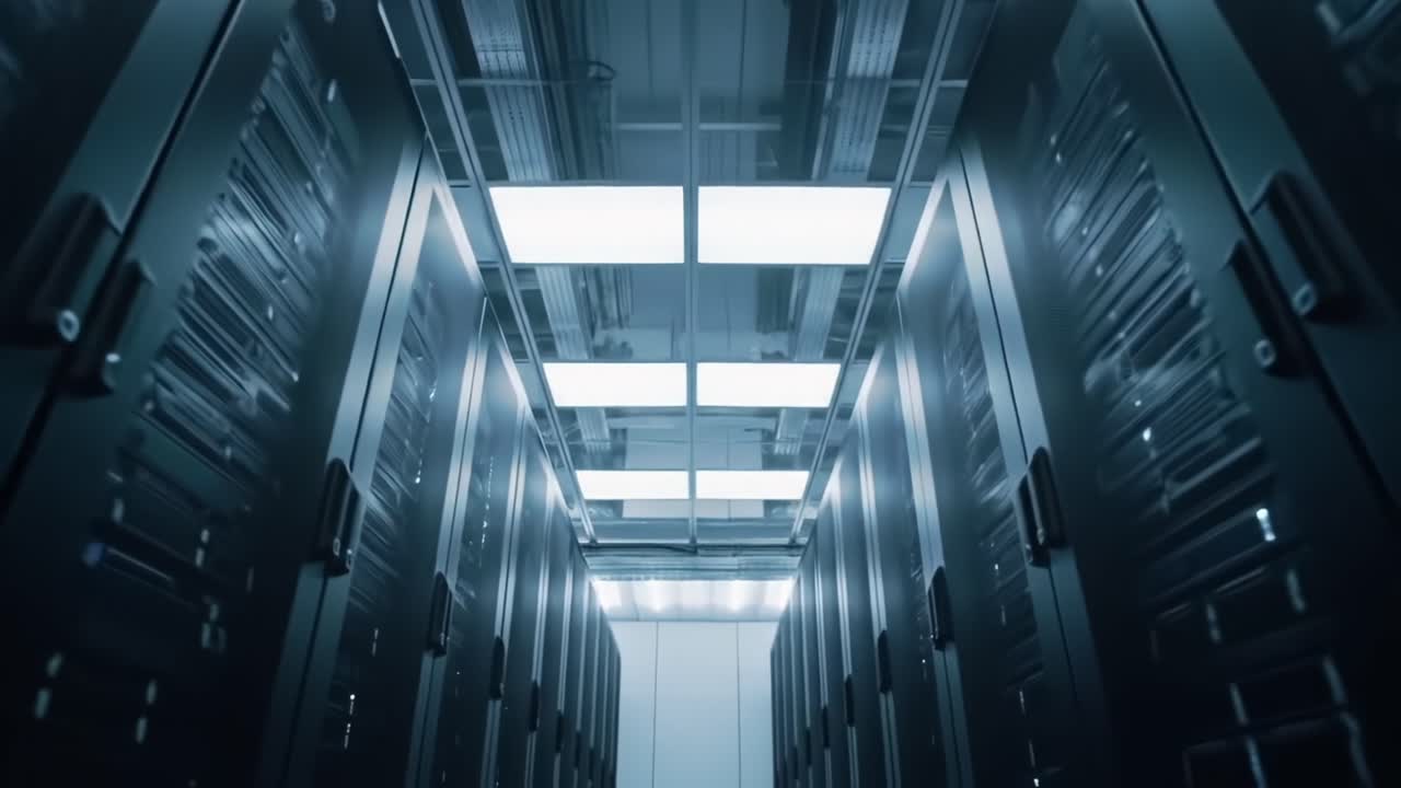 A Glimpse into the Heart of Data Centers: The Modern Infrastructure of Server Racks and Innovative Cooling Systems Illuminated by Bright LED Lighting