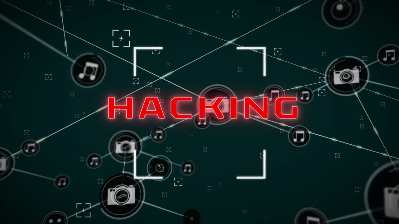 Animation of hacking text, network of connections with icons and data processing
