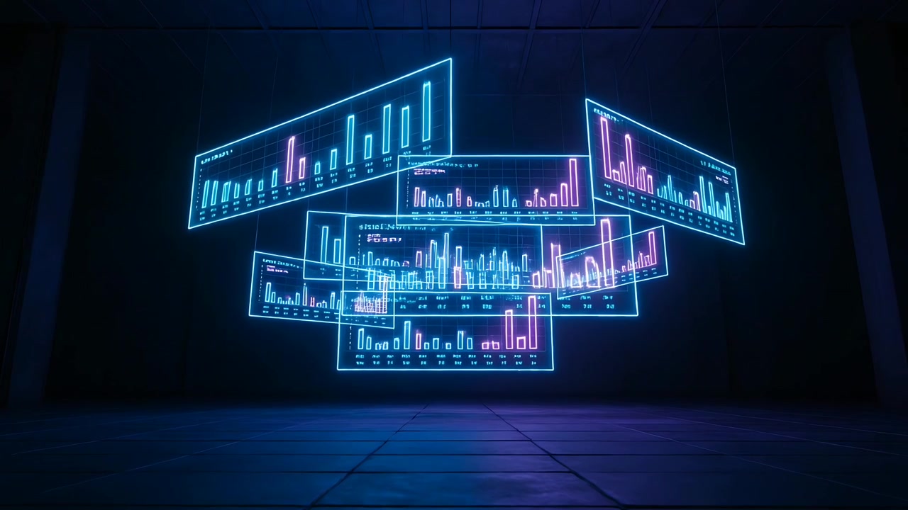 Animation starting holographic cluster rotating and adjusting bars in dim hall to show data in cyan