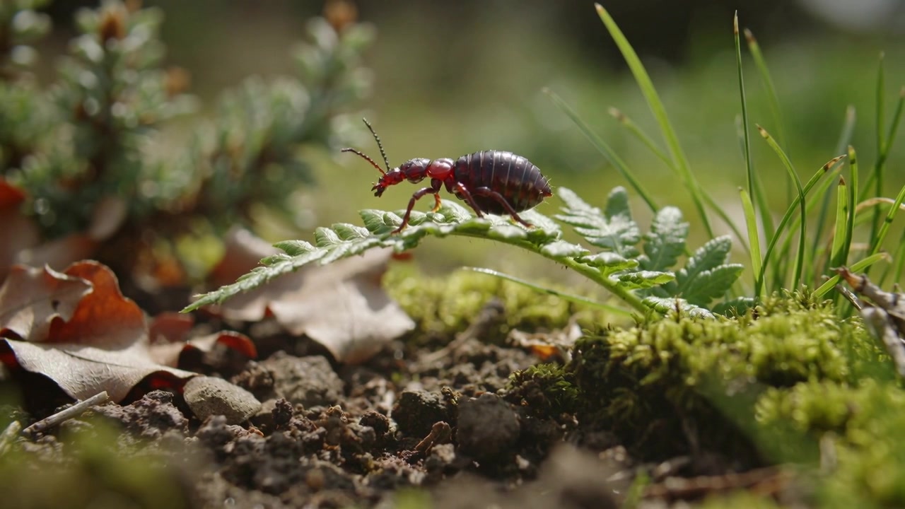 Walking small red-dark six-legged insect sensing frond with antennae, crossing ground to reach moss