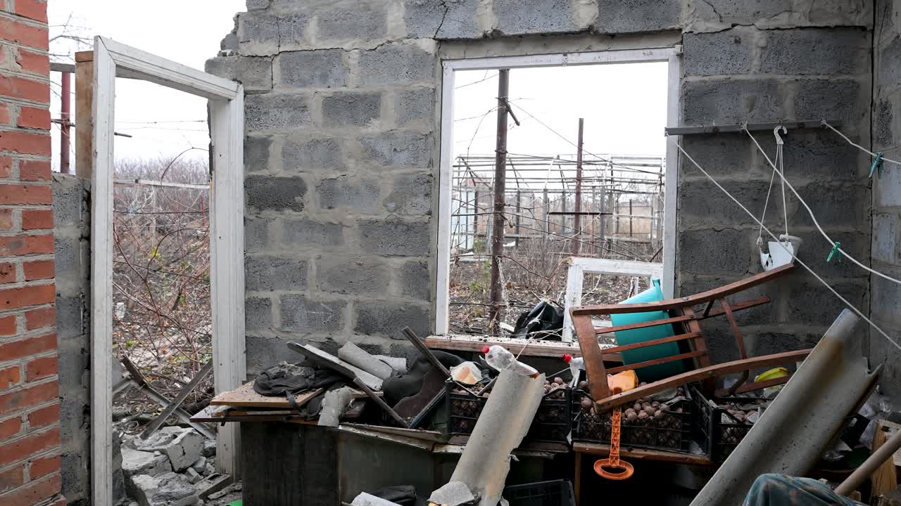 Interior view of a home near Kramatorsk, Ukraine, now open to the sky. The roof was destroyed by a Russian missile strike, leaving a scene of devastation