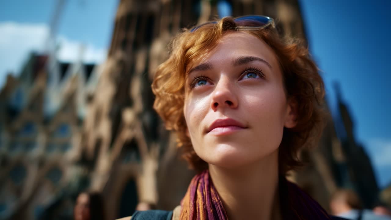 Eine junge Frau mit lockigem Haar blickt nachdenklich auf ein historisches Bauwerk in einer hellen, sonnigen Atmosphäre, was Kontemplation und Staunen betont