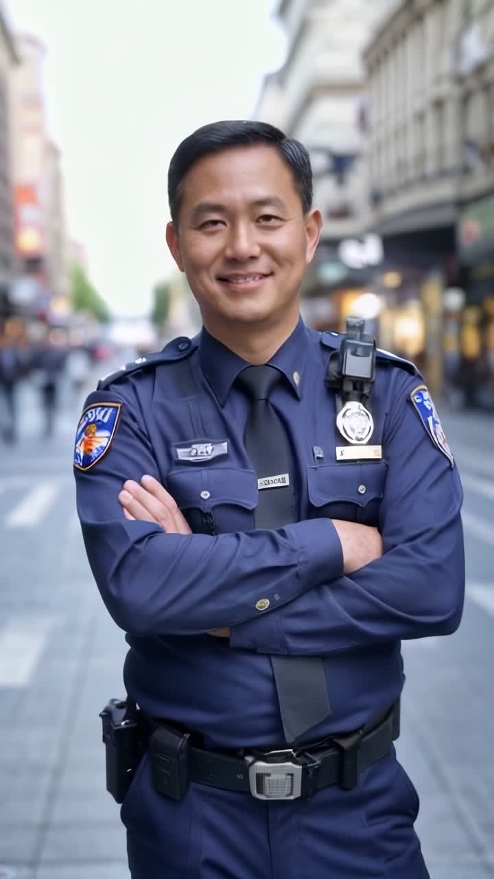 A police officer is standing on a sidewalk with his arms crossed