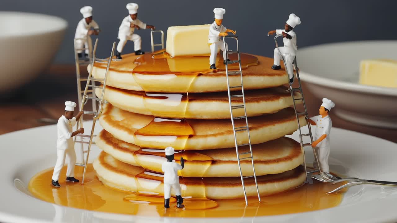 Miniature chef figurines collaborating intensely, working together with precision and skill to stack pancakes drizzled with golden syrup and creamy butter, creating whimsical culinary magic