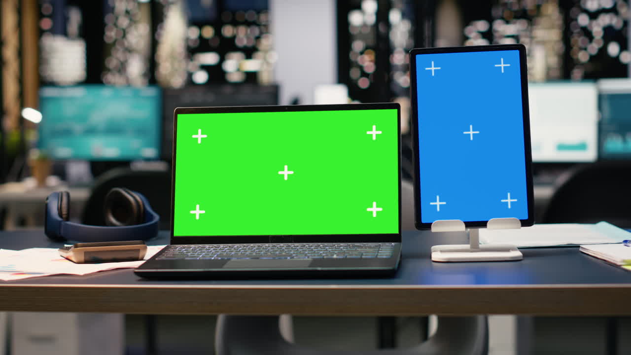 Laptop med grøn skærm og en lodret blå skærm i et moderne kontorinteriør.