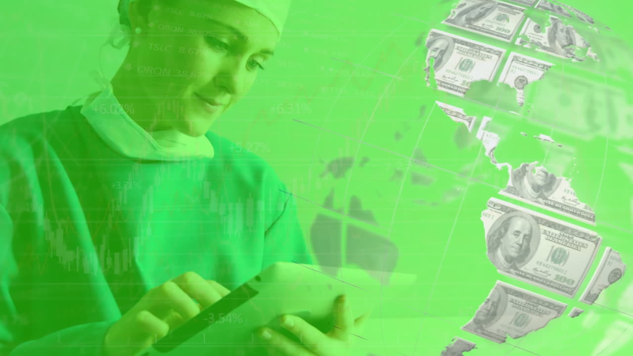 금융 데이터 처리의 애니메이션과 백인 여성 의사에 대한 지폐를 가진 지구