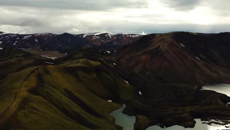 Aerial-landscape-view-of-Icelandic-highlands-with-snow-capped-mountain's-peaks,-and-lakes