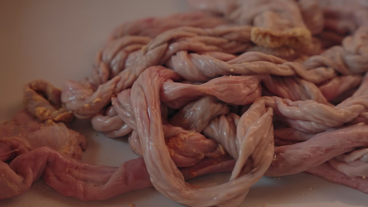 Cleaned pig intestines ready for sausage making in Minho north Portugal tradition