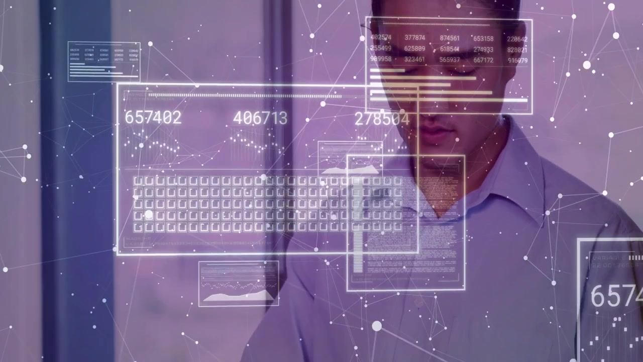Man tapping tablet in office, launching finance UI overlaying view, analyzing numeric readouts