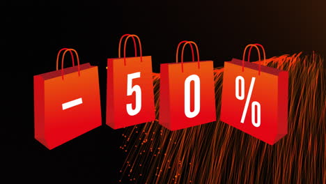 animation of colorful stripes and 50 percent sale text on shopping bags