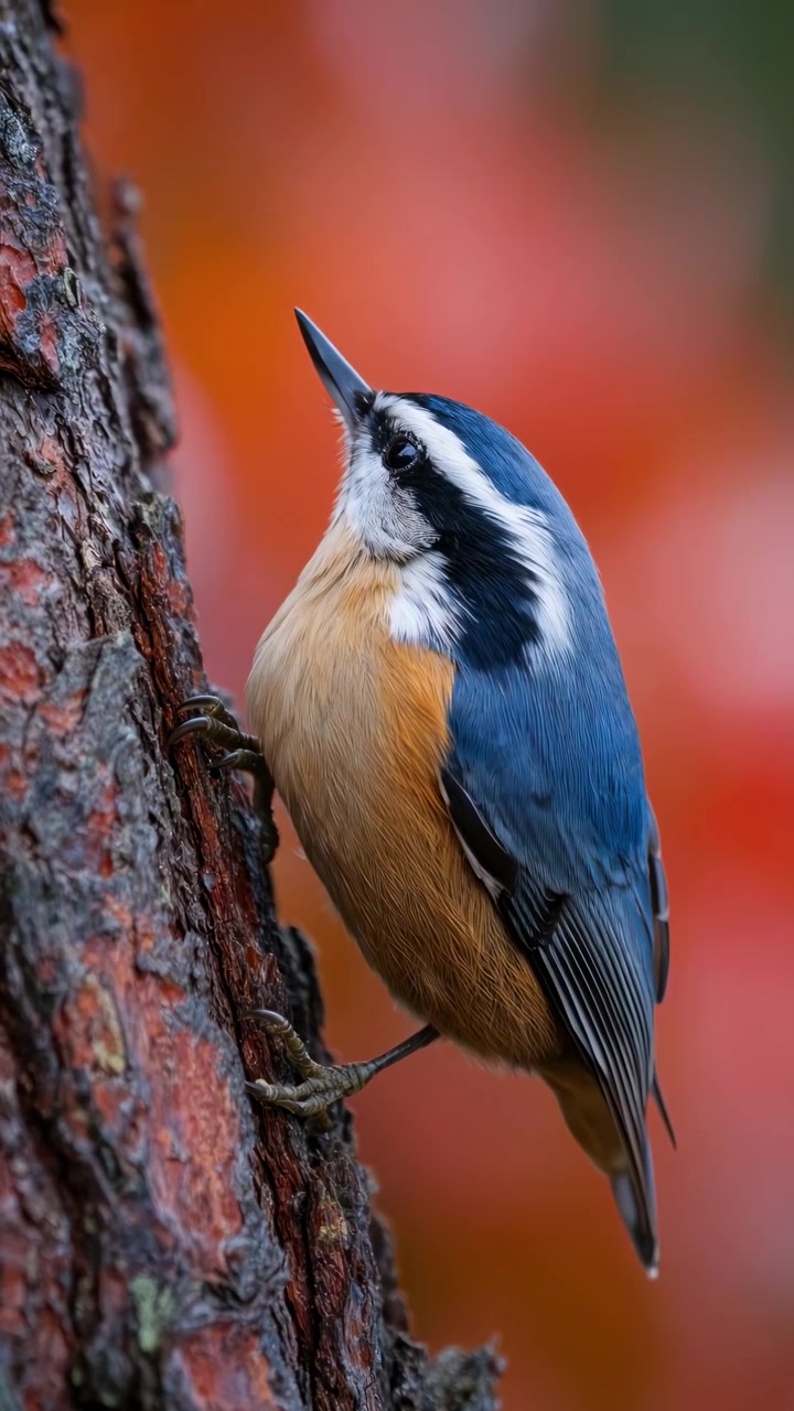 Red-breasted Nuthatch Climbing on a Pine Tree Trunk