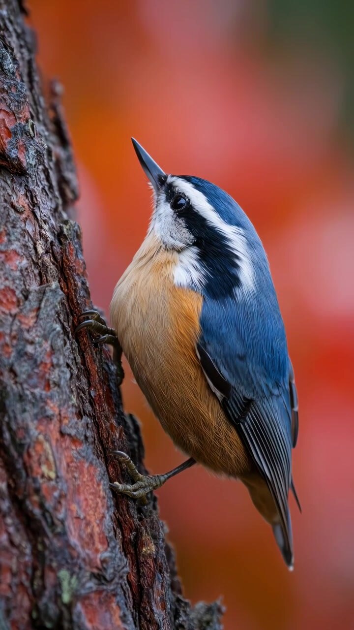 Red-breasted Nuthatch Climbing on a Pine Tree Trunk
