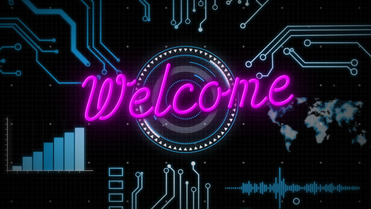 Animation of welcome neon text over data processing