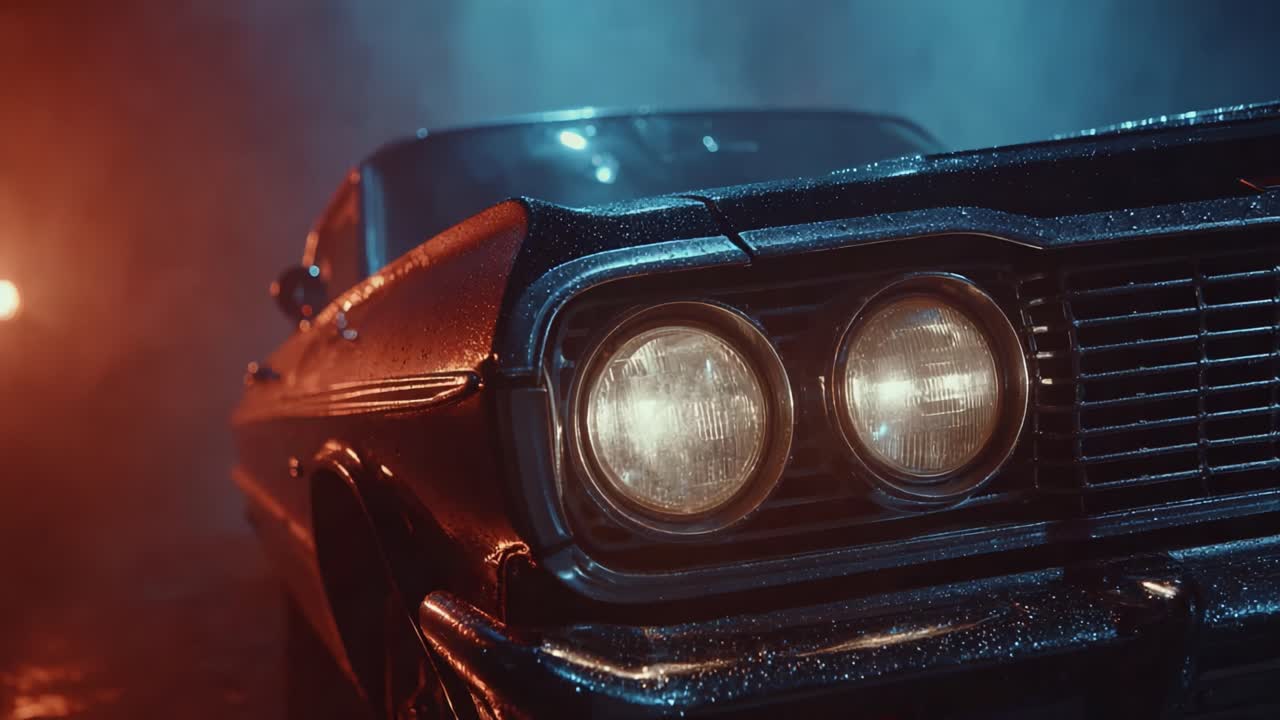 Klassische Automobil-Schönheit: Oldtimer in lebendiger Beleuchtung mit glänzendem Finish und atmosphärischen Effekten, die seinen zeitlosen Reiz und seine Eleganz zur Schau stellen