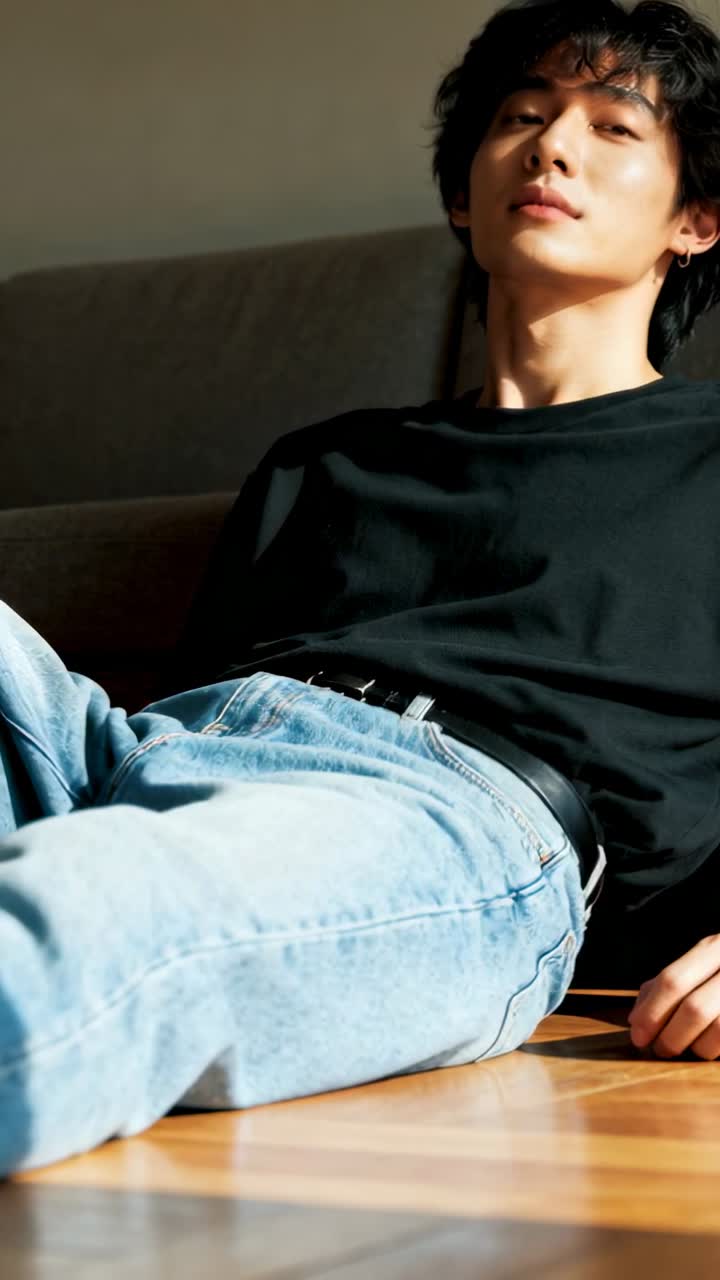 Vertical video: Lying man in black tee, jeans after camera cue, lifting chin for pose on wood floor
