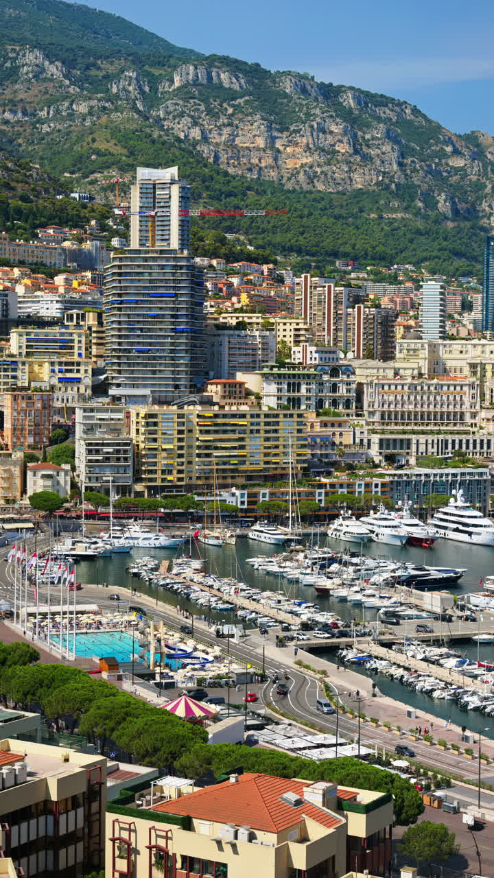 View of boats docked in the Monaco Marina with the skyline of the city on the background. Vertical