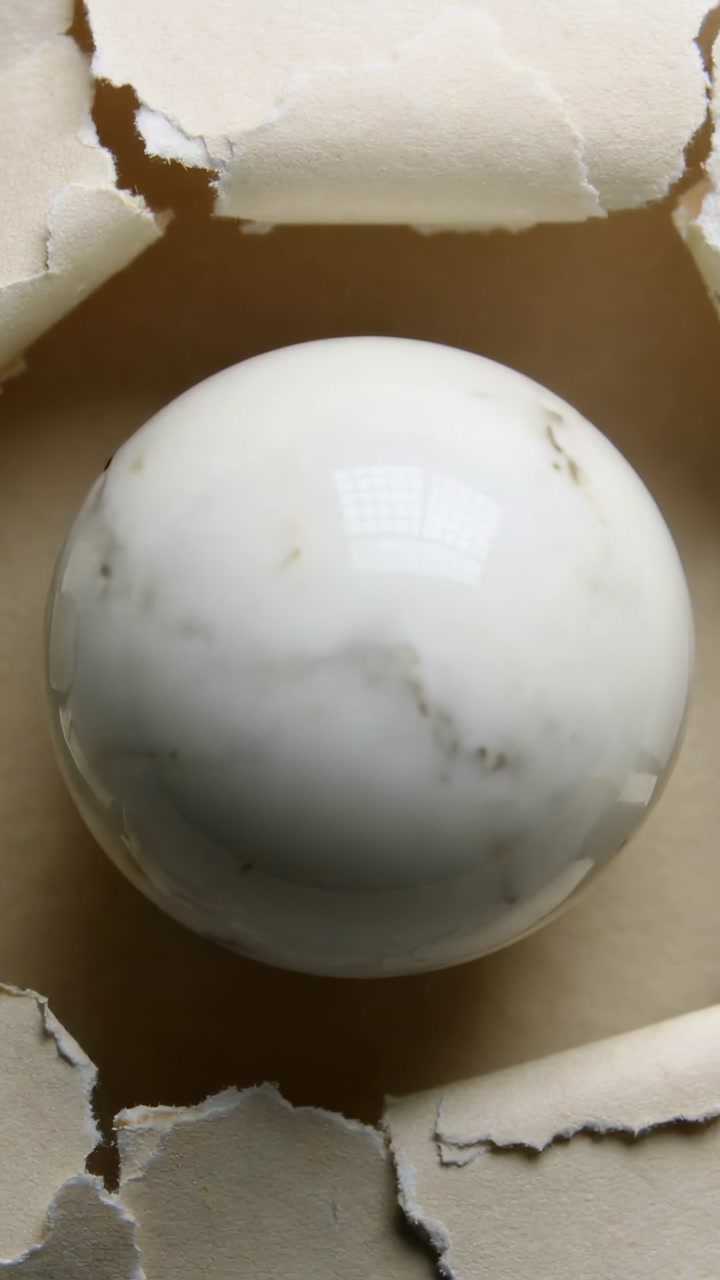 Vertical video: Moving camera revealing glossy marbled sphere rotating inside torn box with light