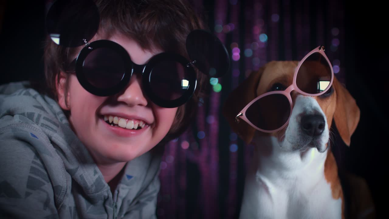4k Funny Dog and Boy Laughing with Sunglasses