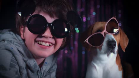 4k perro gracioso y niño riendo con gafas de sol