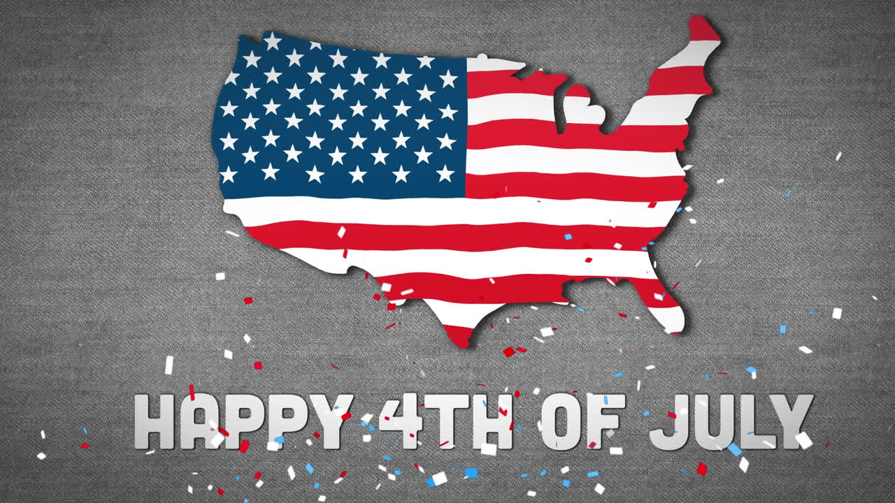 Colorful confetti falling over Independence Day text against US map