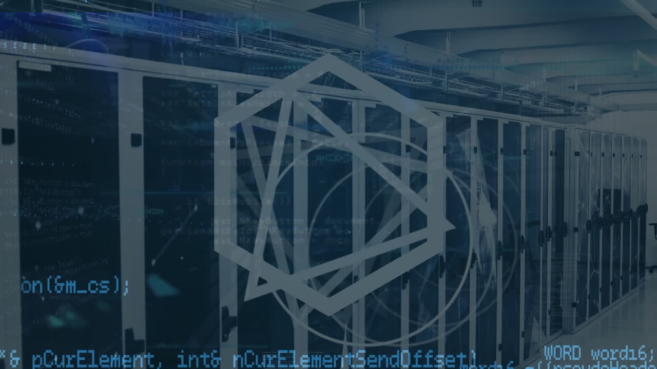 서버 을 배경으로 컴퓨터 언어를 통해 기하학적 모양의 애니메이션