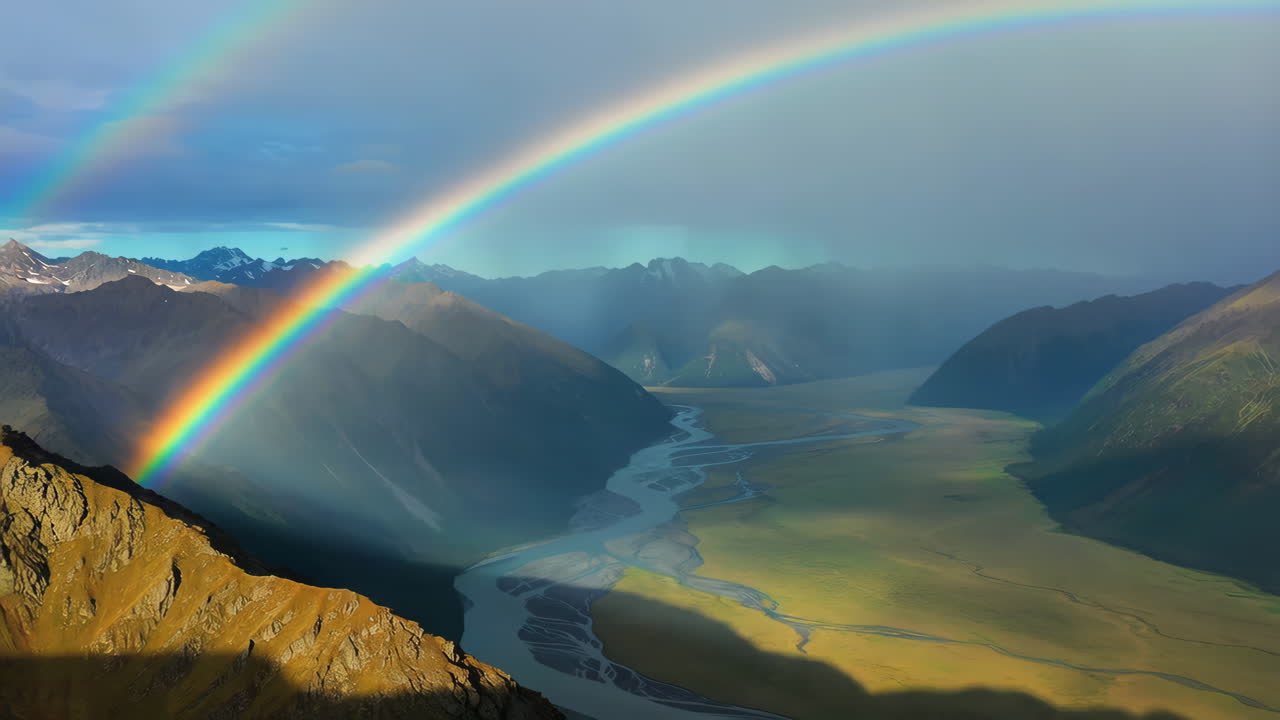 arco iris sobre un valle de montaña