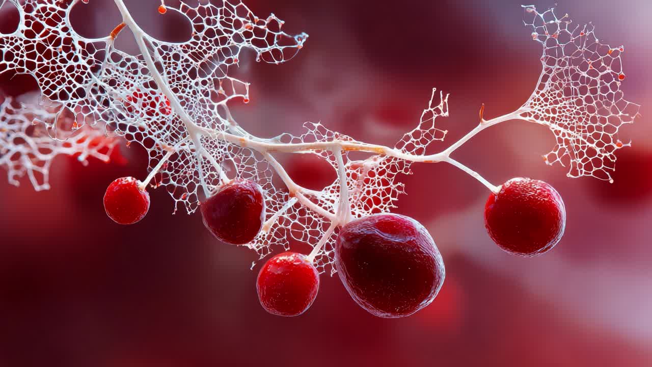 A stunning close-up of intricate organic structures featuring vibrant red berries attached to delicate lacy foliage, showcasing a beautiful interplay of color, texture, and natural patterns in a vivid backdrop