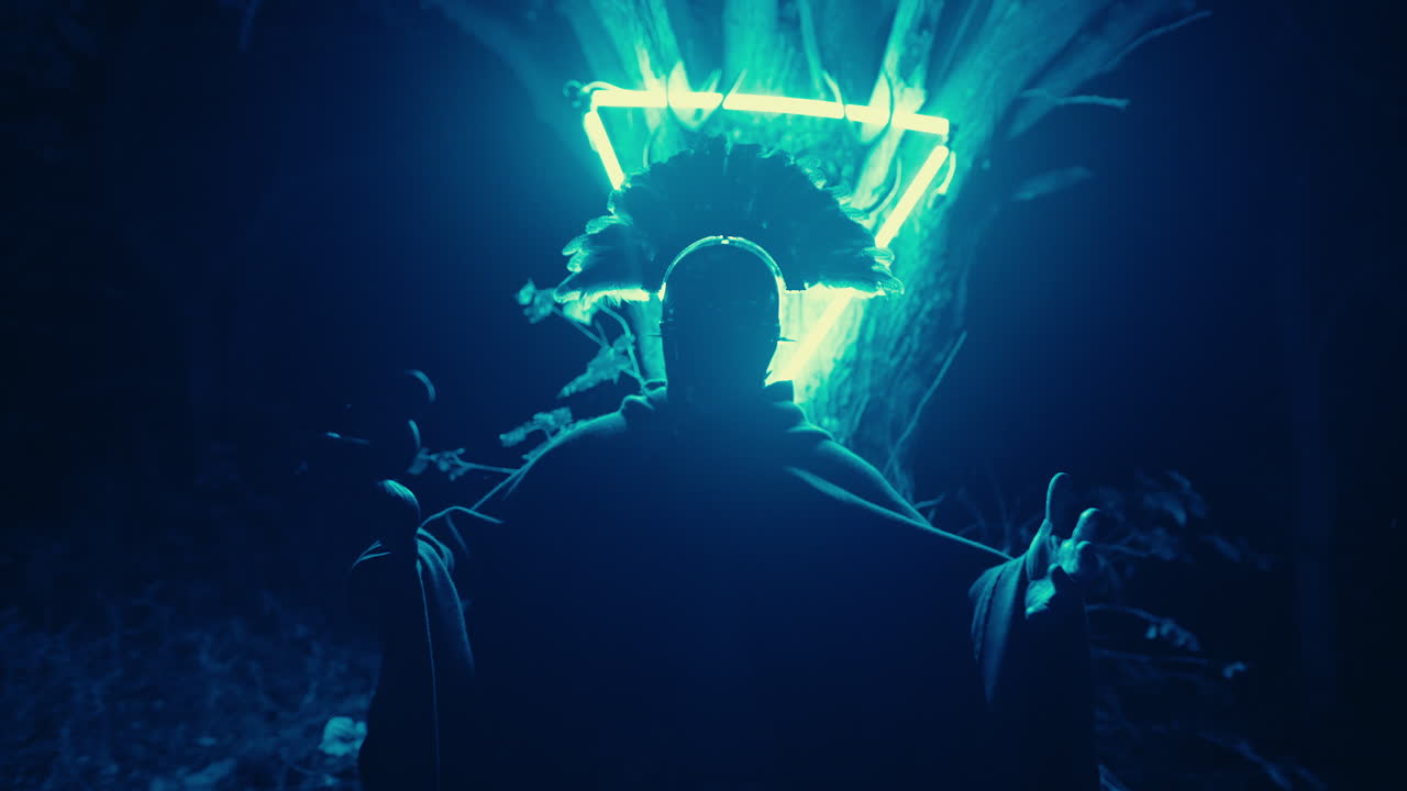 Silhouette Figure in Neon Light Forest